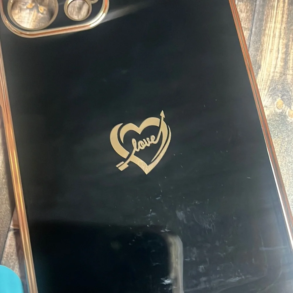 5for$10 Glossy iPhone 12 Silicone Black Phone Case With Gold Trim and Heart